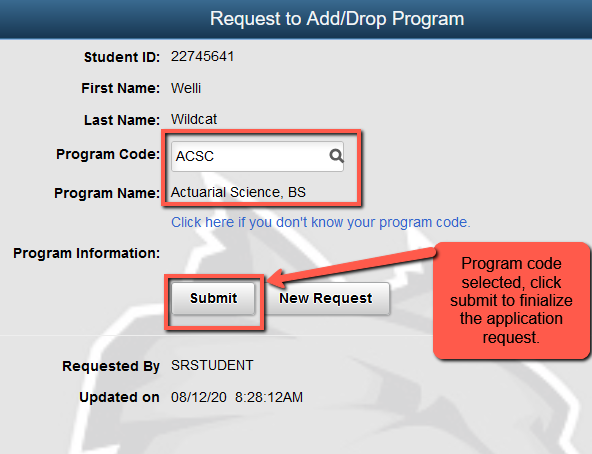 Click the submit button to finialize the application request
